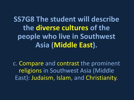 SS7G8 The student will describe the diverse cultures of the people who live in Southwest Asia (Middle East). c. Compare and contrast the prominent religions.