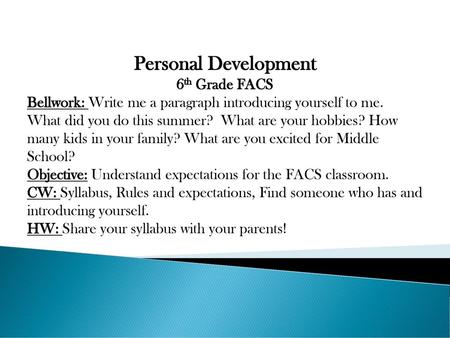 Personal Development 6th Grade FACS