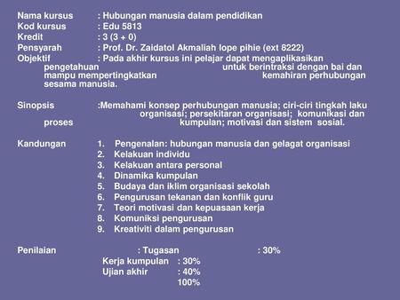 Nama kursus	: Hubungan manusia dalam pendidikan