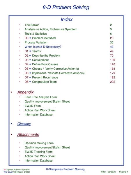 8-D Problem Solving Index Appendix Attachments Glossary The Basics 2