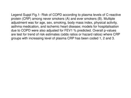 Legend Suppl Fig.1- Risk of COPD according to plasma levels of C-reactive protein (CRP) among never smokers (A) and ever smokers (B). Multiple adjustment.