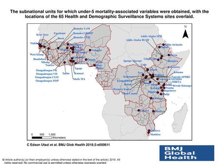 The subnational units for which under-5 mortality-associated variables were obtained, with the locations of the 65 Health and Demographic Surveillance.