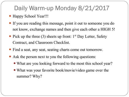 Daily Warm-up Monday 8/21/2017