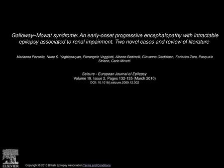 Galloway–Mowat syndrome: An early-onset progressive encephalopathy with intractable epilepsy associated to renal impairment. Two novel cases and review.