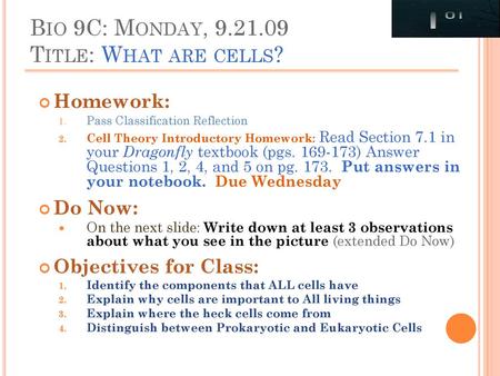 Bio 9C: Monday, Title: What are cells?