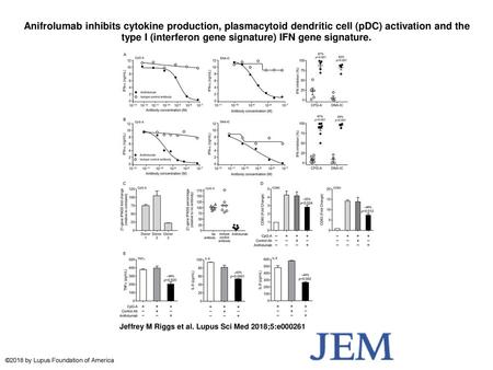 Anifrolumab inhibits cytokine production, plasmacytoid dendritic cell (pDC) activation and the type I (interferon gene signature) IFN gene signature. Anifrolumab.