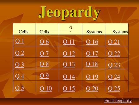 Jeopardy ? Q 1 Q 6 Q 11 Q 16 Q 21 Q 2 Q 7 Q 12 Q 17 Q 22 Q 3 Q 8 Q 13