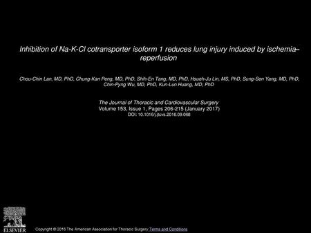 Inhibition of Na-K-Cl cotransporter isoform 1 reduces lung injury induced by ischemia– reperfusion  Chou-Chin Lan, MD, PhD, Chung-Kan Peng, MD, PhD, Shih-En.