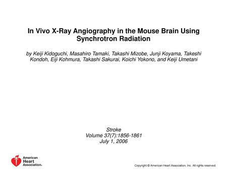 In Vivo X-Ray Angiography in the Mouse Brain Using Synchrotron Radiation by Keiji Kidoguchi, Masahiro Tamaki, Takashi Mizobe, Junji Koyama, Takeshi Kondoh,