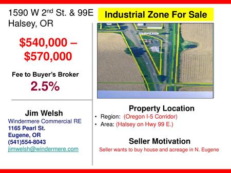 2.5% $540,000 – $570, W 2nd St. & 99E Industrial Zone For Sale