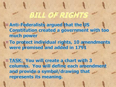 BILL OF RIGHTS Anti-Federalists argued that the US Constitution created a government with too much power To protect individual rights, 10 amendments were.