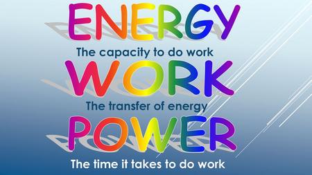 ENERGY WORK POWER The capacity to do work The transfer of energy