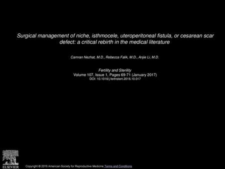 Surgical management of niche, isthmocele, uteroperitoneal fistula, or cesarean scar defect: a critical rebirth in the medical literature  Camran Nezhat,