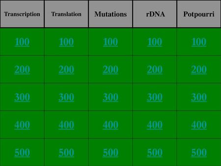 Transcription Translation Mutations rDNA Potpourri 100 100 100 100 100