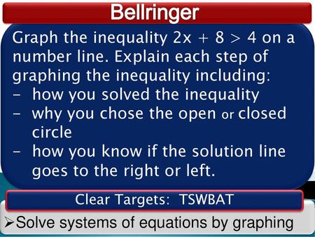 Bellringer Graph the inequality 2x + 8 > 4 on a number line. Explain each step of graphing the inequality including: how you solved the inequality why.