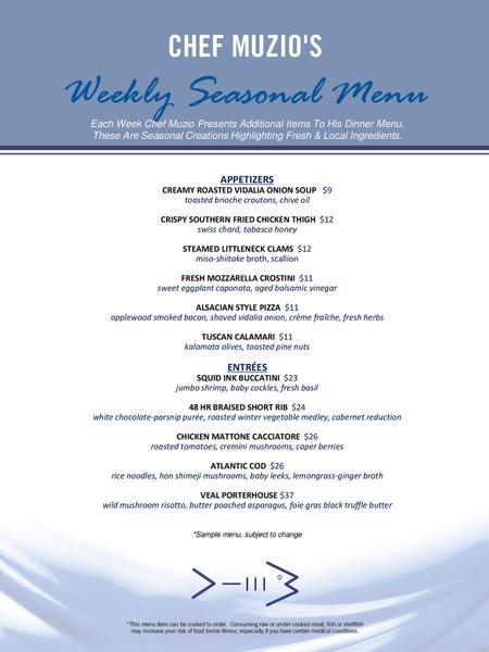 Each Week Chef Muzio Presents Additional Items To His Dinner Menu.