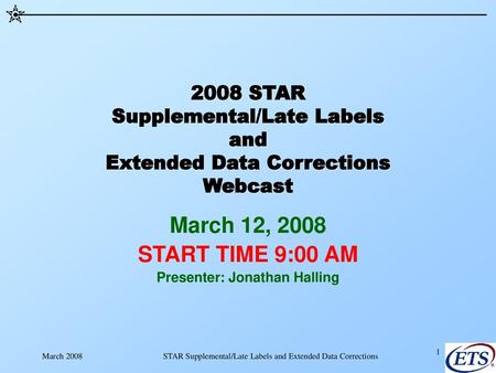 March 12, 2008 START TIME 9:00 AM Presenter: Jonathan Halling