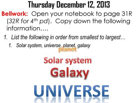 Universe Galaxy Solar system Thursday December 12, 2013 planet