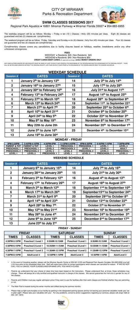 Parks & Recreation Department SWIM CLASSES SESSIONS 2017