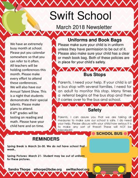 Swift School March 2018 Newsletter Uniforms and Book Bags Bus Stops