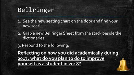 Bellringer See the new seating chart on the door and find your new seat! Grab a new Bellringer Sheet from the stack beside the dictionaries. 3. Respond.