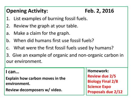 Opening Activity: Feb. 2, 2016 List examples of burning fossil fuels.