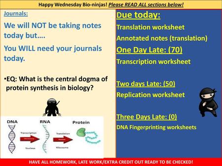 Due today: One Day Late: (70) We will NOT be taking notes today but….