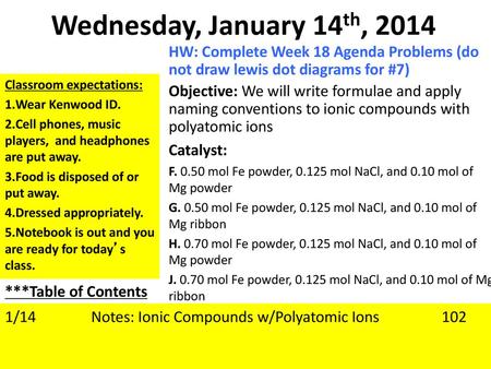 Wednesday, January 14th, 2014 HW: Complete Week 18 Agenda Problems (do not draw lewis dot diagrams for #7) Objective: We will write formulae and apply.