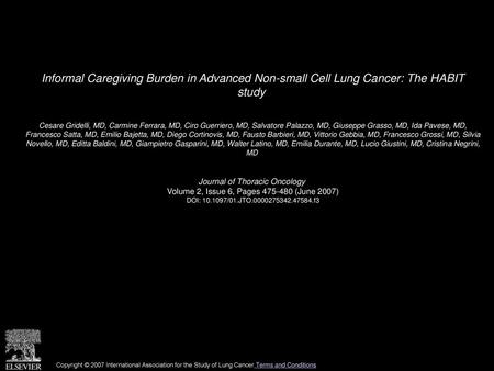 Informal Caregiving Burden in Advanced Non-small Cell Lung Cancer: The HABIT study  Cesare Gridelli, MD, Carmine Ferrara, MD, Ciro Guerriero, MD, Salvatore.