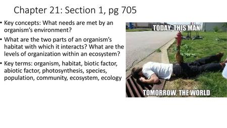 Chapter 21: Section 1, pg 705 Key concepts: What needs are met by an organism’s environment? What are the two parts of an organism’s habitat with which.