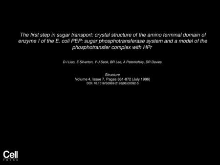 The first step in sugar transport: crystal structure of the amino terminal domain of enzyme I of the E. coli PEP: sugar phosphotransferase system and.