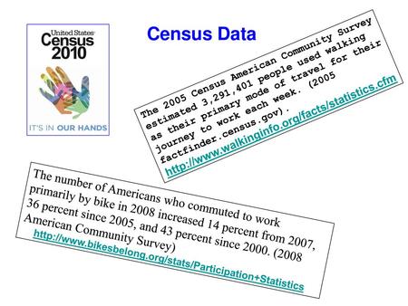 Census Data The 2005 Census American Community Survey estimated 3,291,401 people used walking as their primary mode of travel for their journey to work.