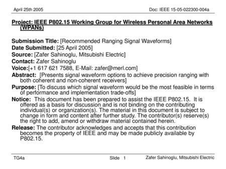 Submission Title: [Recommended Ranging Signal Waveforms]