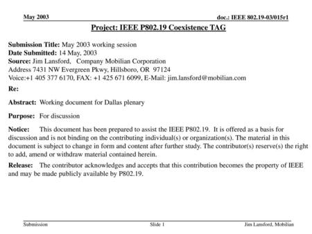 Project: IEEE P Coexistence TAG