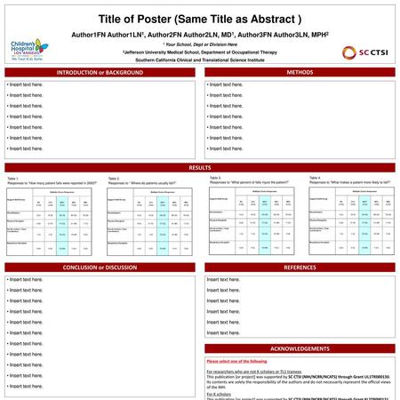 Title of Poster (Same Title as Abstract ) Author1FN Author1LN1, Author2FN Author2LN, MD1, Author3FN Author3LN, MPH2 1 Your School, Dept or Division Here.