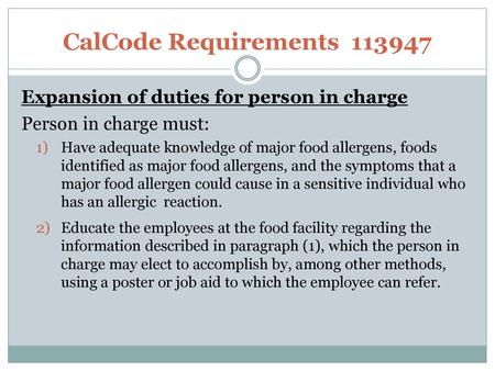 CalCode Requirements Expansion of duties for person in charge