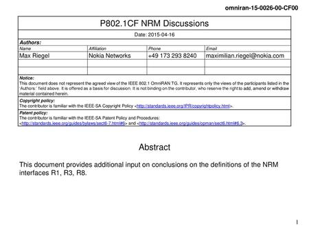 P802.1CF NRM Discussions Abstract