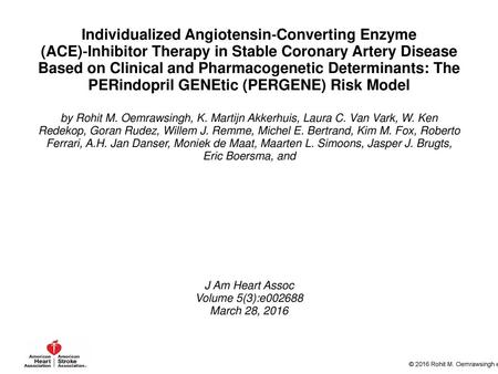 Individualized Angiotensin‐Converting Enzyme (ACE)‐Inhibitor Therapy in Stable Coronary Artery Disease Based on Clinical and Pharmacogenetic Determinants: