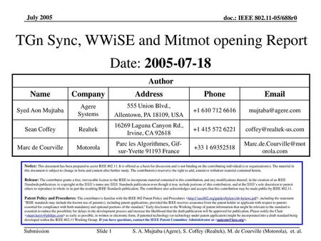 TGn Sync, WWiSE and Mitmot opening Report