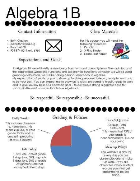 Algebra 1B Contact Information Class Materials Beth Clayton eclayton@cisd.org Room A108 903-874-8211 ext. 6360 For this course, you will need the following.