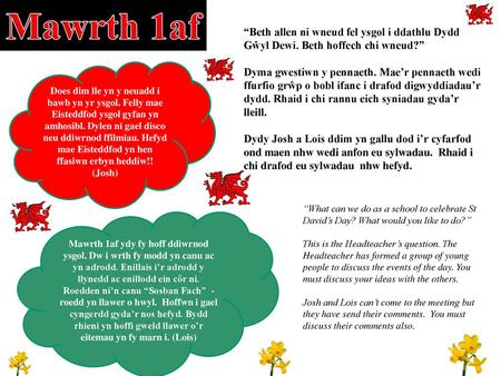 Mawrth 1af “Beth allen ni wneud fel ysgol i ddathlu Dydd Gŵyl Dewi. Beth hoffech chi wneud?” Dyma gwestiwn y pennaeth. Mae’r pennaeth wedi ffurfio grŵp.