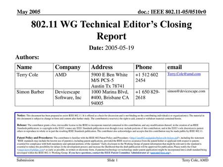 WG Technical Editor’s Closing Report