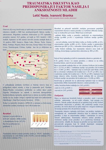  TRAUMATSKA ISKUSTVA KAO PREDISPONIRAJUI FAKTOR NASILJA I ANKSIOZNOSTI MLADIH Letić Nada, Ivanović Branka Ključne riječi: mladi, traumatska iskustva nasilje,