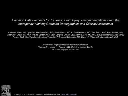 Common Data Elements for Traumatic Brain Injury: Recommendations From the Interagency Working Group on Demographics and Clinical Assessment  Andrew I.