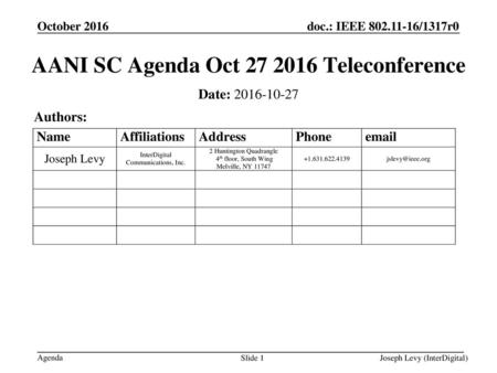 AANI SC Agenda Oct Teleconference