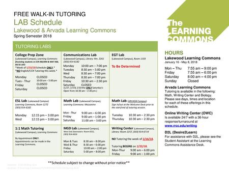 HOURS Lakewood Learning Commons