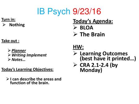 IB Psych 9/23/16 The Brain Today’s Agenda: BLOA HW: