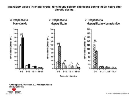 Mean±SEM values (n=14 per group) for 6 hourly sodium excretions during the 24 hours after diuretic dosing. Mean±SEM values (n=14 per group) for 6 hourly.