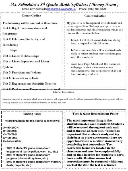 Ms. Schneider’s 8th Grade Math Syllabus (Honey Team)