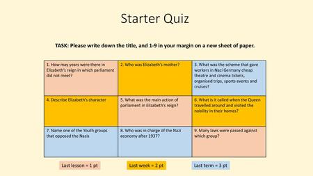 Starter Quiz TASK: Please write down the title, and 1-9 in your margin on a new sheet of paper. 1. How may years were there in Elizabeth’s reign in which.